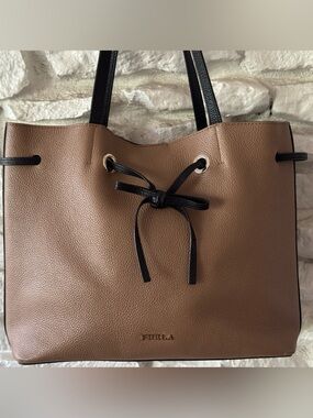 Furla Costanza Two-Tone Tan Tote with Black Straps